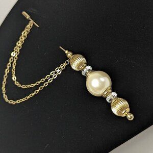Vintage Lapel Faux Pearl Beaded Lapel Pin Needle Brooch Golden Tone Glass Beaded